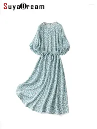 Partykleider SuyaDream Frauen Floral Echte Seide Laterne Ärmel Gedruckt Kleid 2023 Frühling Sommer Strand Stil Kleidung Blau