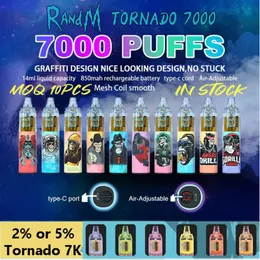 Tornado Cigarro Eletrônico Vape Puff 7000 14ml Carrinho de Cristal Caneta Vape Descartável 0% 2% 3% 5% Recarregável 1000mAh Bateria Ar Ajustável vs Fumot 9000 12000