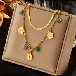 New Bohemian Stainless Steel Double Chain snake bone chain turquoise flower pendant Necklace Bracelet set For Women Girl Jewelry