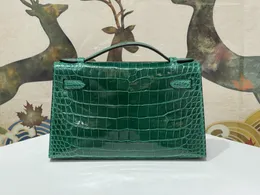 Designer-Tasche, Markenhandtasche, Luxus-Clutch, 22 cm, Damen-Totesreal, glänzendes Krokodilleder, vollständig handgefertigt, hochwertige Wachsliniennaht, Farbe Vert Emeraude