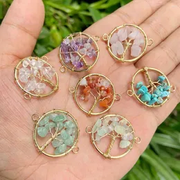 Pendant Necklaces 2pcs Double Hole Wire Wrap Tree Of Life Connector Natural Stone Gem Chips Round For Making Jewelry 25M