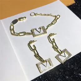 Vintage Crystal Letter Jewelry Set Full Diamond Armband Women Pendant Earrings Rhinestones Chain Eartrop with Stamps256R