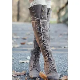 Botas Bonjomarisa Marca Clássica Y Salto Lace Up Vintage Mulheres Joelho Alto Designer Confortável Andando Cowboy Senhoras Sapatos Calçado 231215