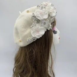 Berets Winter Unique Designer Berets for Women Luxury Rhinestone Bouquet Turban Cap Exaggerated Painter Hat Female Winter Headpiece 231204