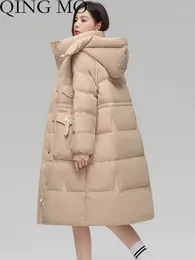 Women's Trench Coats QING MO Long Down Coat Women 2023 Winter Fashion Hooded Warm White Duck Jacket Over Knee ZXF4314