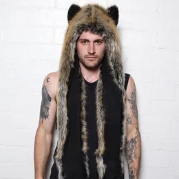 Beanieskull Caps Menwomen Faux 모피 후드 동물 모자 귀 플랩 장갑 3in1 Animal Fur Hat Wolf 플러시 따뜻한 모방 모자 모자 스카프 장갑 231202