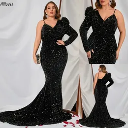 Preto brilhante lantejoulas vestidos de baile plus size um ombro manga longa ocasião especial vestido formal longo rabo de peixe árabe aso ebi segunda recepção vestido de noite CL2997