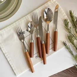 Knives Fruit Fork Spoon Stainless Steel Steak Knife Dinner Wooden Handle Teaspoon Western Cutlery Dinnerware Set Tableware