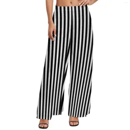 Women's Pants Black White Striped Elastic Waist Vertical Stripes Casual Wide Leg Oversized Streetwear Print Straight Trousers
