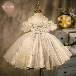 Kız elbiseler moda kız bebek prenses tutu elbise bebek yürümeye başlayan çocuk dantel inci yaz vestido doğum günü partisi pageant top elbisesi frock1 14y 231204