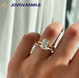 Bröllopsringar Jovovasmile Real 2.5 Carat Emerald Cut Wedding 2 Ring Set med Ring Band 14K Solid Gold Fine Jewelry for Women 231204