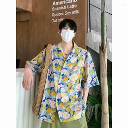 Women's Blouses Men Shirt Flower Print Lapel Short Sleeve Korean Style Streetwear Summer Clothing 2023 Fashion Casual Shirts