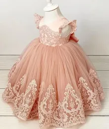 Luxo rosa flor menina vestidos gola quadrada renda sem mangas com arco vestido de baile feito sob encomenda vestidos de festa de aniversário