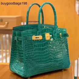 Дизайнерские сумки сумочки - все ручные женские роскошные кожаные кожа высокий глянцевый залив Crocodile 30 INVERTED V LOCK Emerald Green Большой