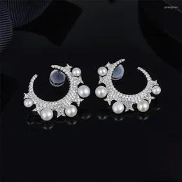 Stud Earrings 925 Sterling Silver Pearl Cubic Zirconia Star Moon Earring Elegant Designer Women Wedding Jewelry196T