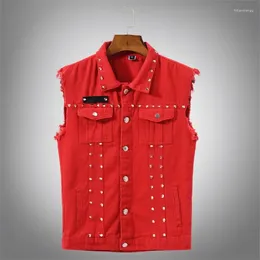 Men's Vests Fashion Mens Rivet Denim Vest Punk Party Studded Slim Fit Jean Jacket Male Red Sleeveless Waistcoat For Men Plus Size 5XL