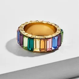 Позолоченные модные украшения, радужное квадратное багетное обручальное кольцо с цирконием для женщин, красочный цирконий, кольцо вечности с цирконием 299P