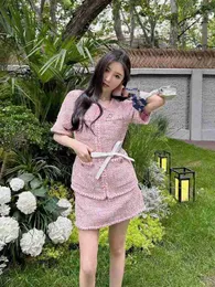 Two Piece Dress Designer Brand 2023 Autumn/winter New Style Romantic Cherry Blossom Pink Woven Yarn Short Sleeve Top+a-line Wrap Skirt Set EVEB