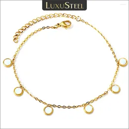 Anklets Luxusteel White Shell Round Charm för kvinnor Vattentät guldpläterad rostfritt stål Leg Ocean Jewelry Barefoot Mujer