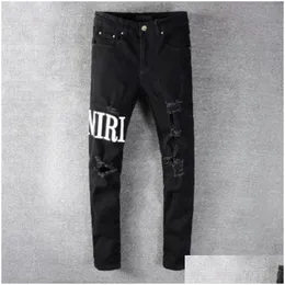 Herr jeans casual streetwear svart smal fit män höst mascina brev byxor trendiga dansklubb magery s turer släpp leverans uppenbar