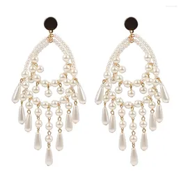 Dangle Earrings Big Size Long White Teardrop Bead Simulated Pearl Women Florate Brand Gold Color Metal Statement Drop