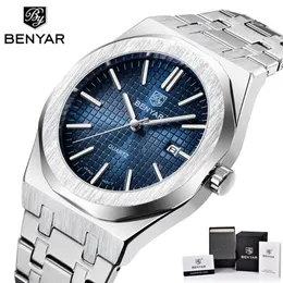 Relogio Masculino Benyar Männer Uhr Auto Datum Wasserdicht Blau Gesicht Edelstahl Quarz Uhren Herren Luxury Business Männlich Uhr W255L