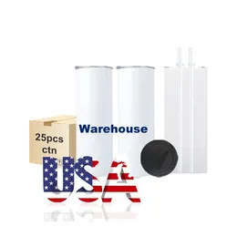 USA CA Warehouse RTS 20oz Stainless Steel Double Wall Heat Press Sublimation Blanks Skinny Straight Tumbler with Straw