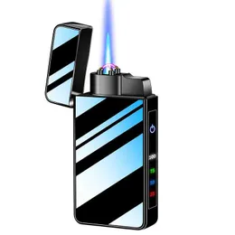 Metal Outdoor Windproof Touch Sensing Dual Arc Plasma USB Lighter Blue Flame Straight Down Turbo Torch Butane No Gas Cigar