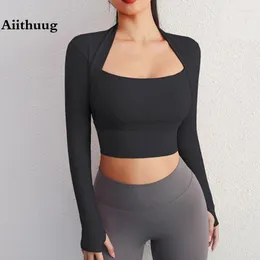 Camisas ativas aiihuug, ângulo reto, ombro, yoga, manga longa, compressa, esportes, colheita, treino, acolchoadas, almofadas de inserção