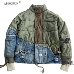 Men's Jackets ABOORUN Men's Hi Street Hole Patchwork Denim Jacket Streetwear Thick Down Cotton Jean Coat for Male 231202