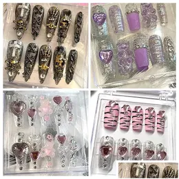 False Nails Handmade Y2K Cute Tips Glitter Press On Nail Reusable Long Coffin Ballet Acrylic Fake With Glue 230626 230726 Drop Deliv Dh0Ve