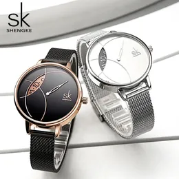 Shengke Women Fashion Watch Creative Lady Casual Watches Stainless Steel Mesh Band Stylish Desgin Silver Quartz Watch for Female C2544