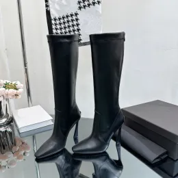 Kniehohe Stiefel aus schwarzem Rindsleder, 10,5 cm, High Heels, Stiefeletten, verzierter Reißverschluss, modischer Stretch-Stiefel, Luxus-Designer-Damenschuhe, Fabrikschuhe, Größe 35–42 mit Box