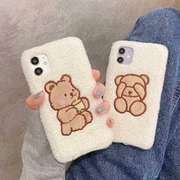 Fabric Cute Bear Plush Warm Lamb Phone Case For iphone 12 11 13 Pro Max 6 6s 7 8 plus X XR XS Max Fuzzy Soft Back Cover Case H1112