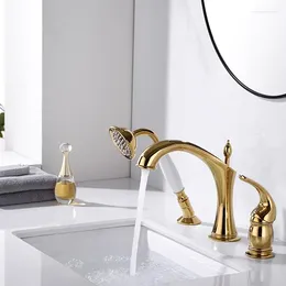 Bathroom Sink Faucets Luxury Gold Faucet Top Quality Brass Three Holes Washbowl Golden Shampoo Basin With Shower Head