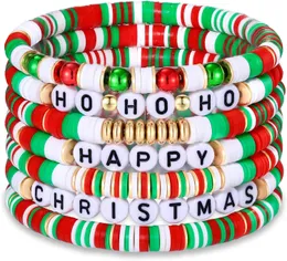 7 pezzi braccialetti con perline natalizie set vacanze Heishi fili elasticizzati rosso verde lettera in argilla polimerica impilabili ciondoli per amicizia estate surfista spiaggia gioielli regali