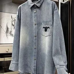 camisa masculina clássica moda logotipo bordado lapela bolso denim casaco designer blusas casuais camisa de manga comprida homens mulheres cardigan camisas