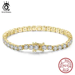 سلسلة جواهر Orsa 925 Sterling Silver Tennis Bracelet Zirconia 14k Gold Pangle Banglemer Men Hand Chain SB95-14K 231204