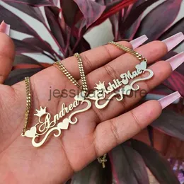 Pendant Necklaces Custom Heart Name Necklace With Heart Ribbon Stainless Steel Crown Nameplate Pendant Necklace Women Jewelry Best Friends Gifts J231204