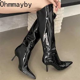 Inverno sexy salto alto botas longas moda couro patente senhoras elegante deslizamento no joelho botas altas sapatos dedo do pé apontado bombas