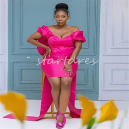 Plus Size Hot Pink Aso Ebi Evening Dress With Bow Train Elegant Beaded Short African Black Girls Prom Dress 2024 Short Sleeve Corset Formal Engagement Formal Dress