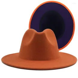Berets Simple Outer Orange Inner Purple Wool Felt Jazz Fedora Hats With Thin Belt Buckle Men Women Wide Brim Panama Trilby Cap 56-58CM