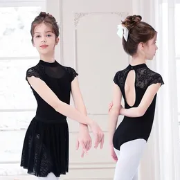 Stage Wear Ballet Leotard For Girls Gymnastics Kids Dance Costume Suit Lace Stand Collar Bodysuit With Tutu Skirts Summer Swimsuit