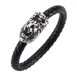 Charm Bracelets Punk Style Men Jewelry Black Braided Leather Bracelet Lion Stainless Steel Magnetic Clasp Male Wrist Band Gifts SP0071