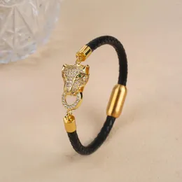 Charm Bracelets Domineering Leopard Head Geometric Zircon Bracelet Stainless Steel Magnetic Clasp Trendy For Men Women Jewelry Gift