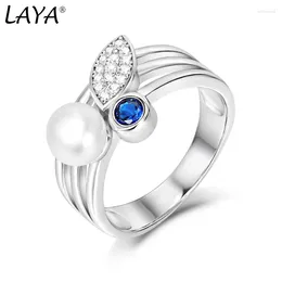 Cluster Rings Laya Natural Freshwater Pearl Ring For Women Pure 925 Sterling Silver Shiny Synthetic Blue Crystal Original Modern Jewelry
