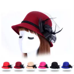 New Spring Winter Gauze Noble Temperament Women Wool Top Hats Fashion Ribbon Flower Ladies Bucket Hat Female Stingy Brim Hats Dome244S