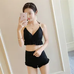 Koreanische Sommer Sexy Einfache Schwarze Ärmellose Halter Prinzessin Tankini Badeanzug Zwei Stück Modest Schwimmen Suit278H