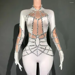 Sahne Giyim Gümüş Pullar Streç Beyaz Tulum Eldivenleri Kadınlar İçin Akşam Partisi Doğum Günü Kıyamet Seksi Performans Kostüm