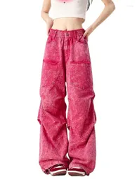 Damesjeans geplooide roze denim overall voor herfst, hoog getailleerde, loszittende rechte buis, casual broek met wijde pijpen